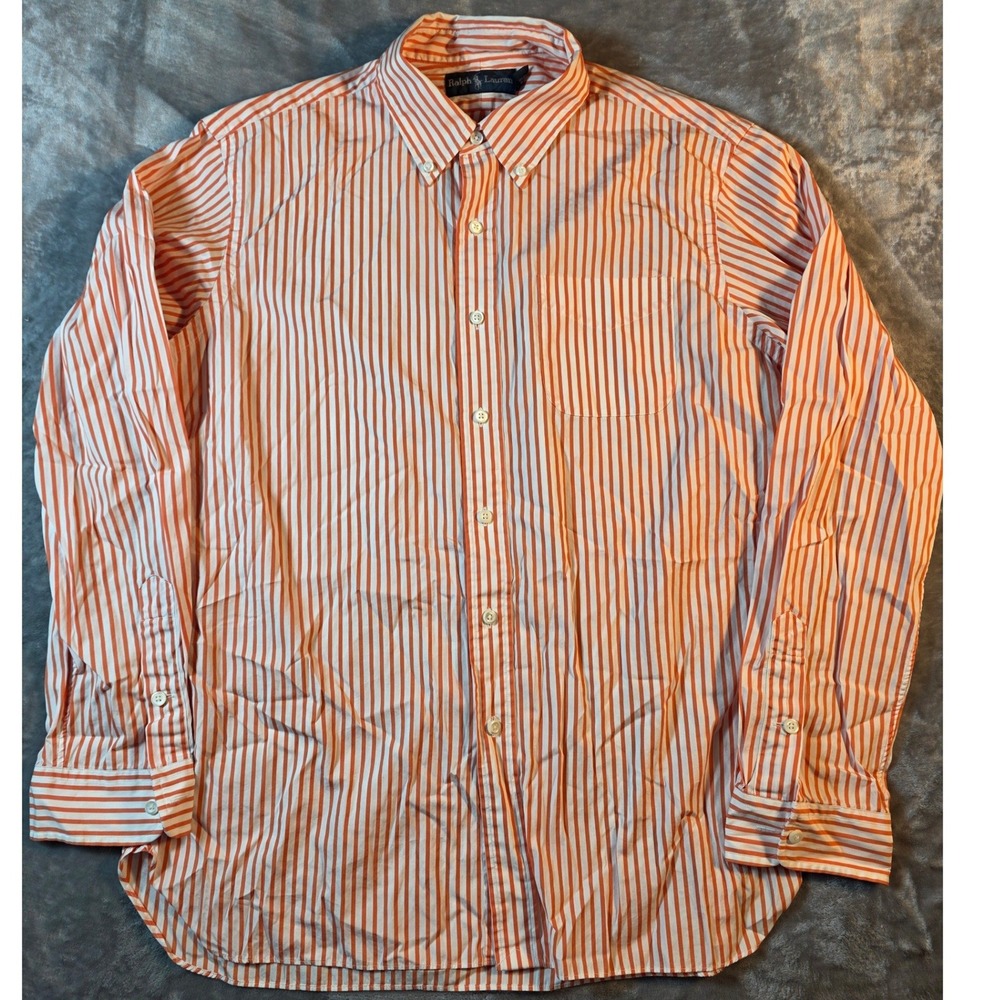 Ralph Lauren Button Down Shirt Mens XL Orange White Striped‎ Long Sleeve Cotton